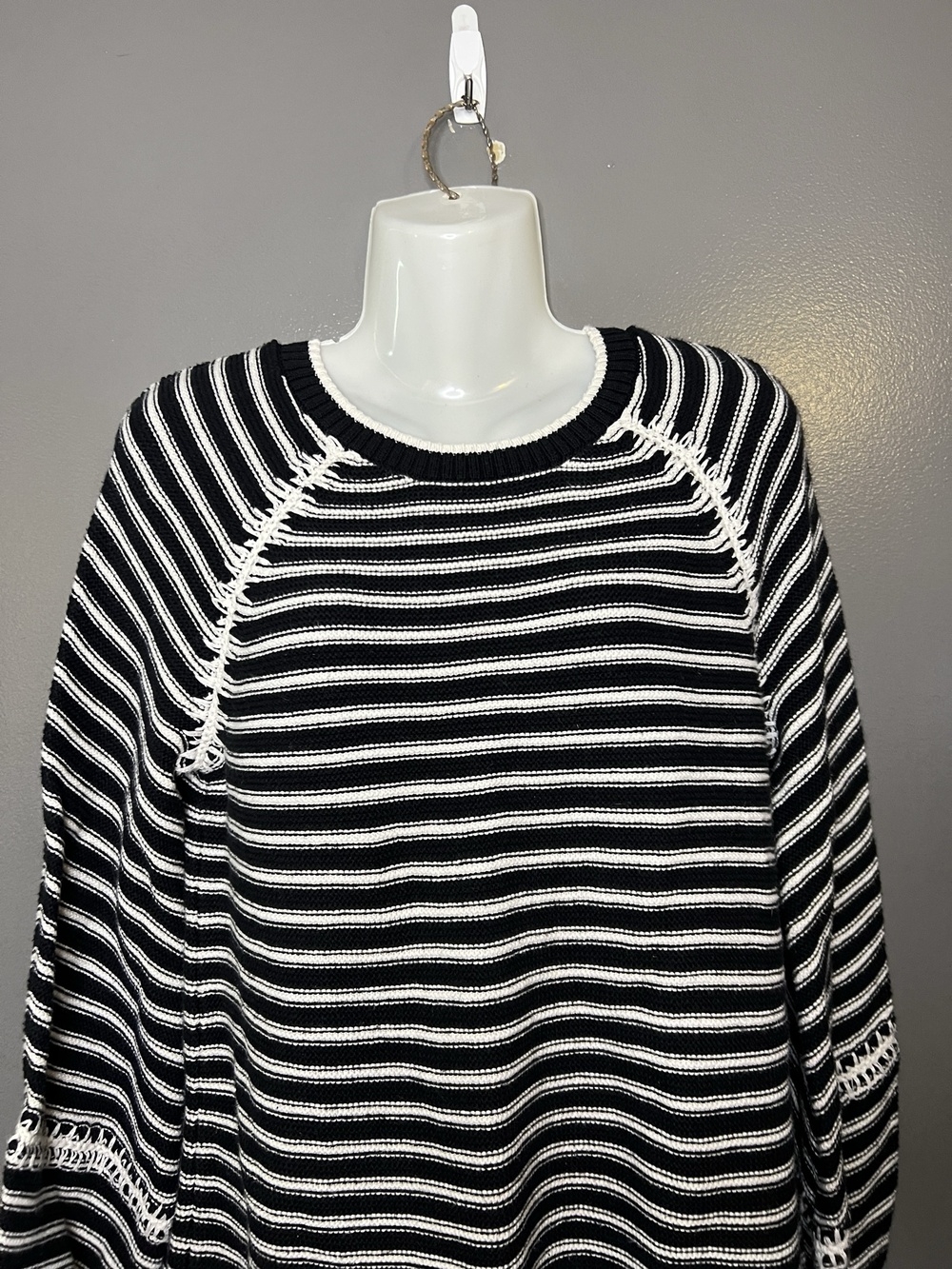 LOFT Sweater Womens Small Black White Striped Crew Neck Knit Balloon Sleeve